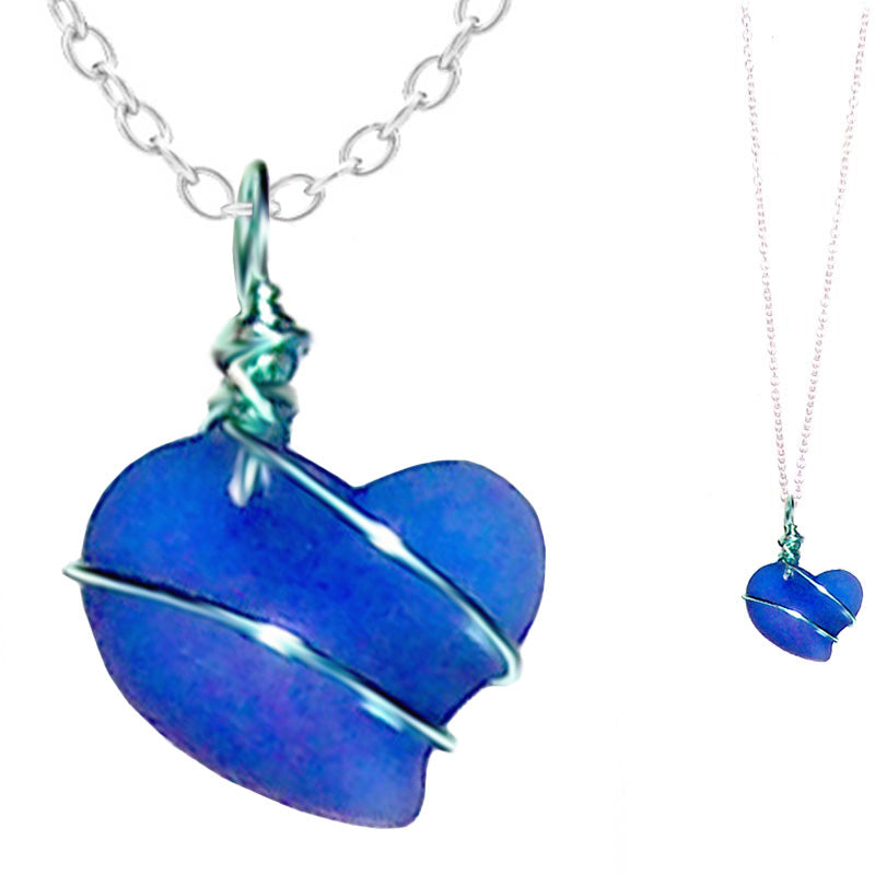 Artisan cultured SEA GLASS HEART necklace Sterling Silver 18mm wire-wrapped pendant & .925 chain | U PICK