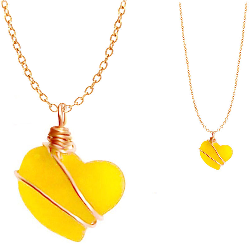 Artisan cultured SEA GLASS HEART necklace Copper non-tarnish 18mm wire-wrapped pendant & plated chain | U PICK