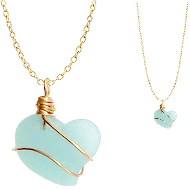 Artisan cultured SEA GLASS HEART necklace Copper non-tarnish 18mm wire-wrapped pendant & plated chain | U PICK