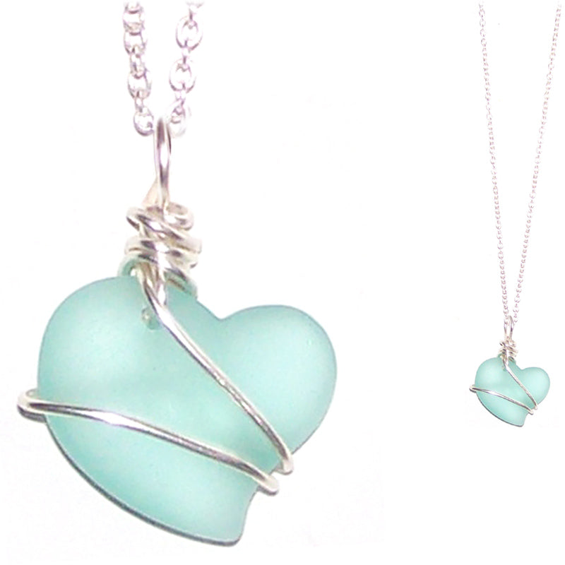Artisan cultured SEA GLASS HEART necklace Sterling Silver 18mm wire-wrapped pendant & .925 chain | U PICK