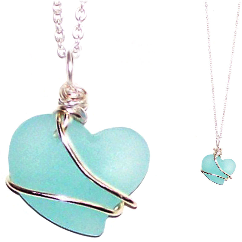 Artisan cultured SEA GLASS HEART necklace Sterling Silver 18mm wire-wrapped pendant & .925 chain | U PICK