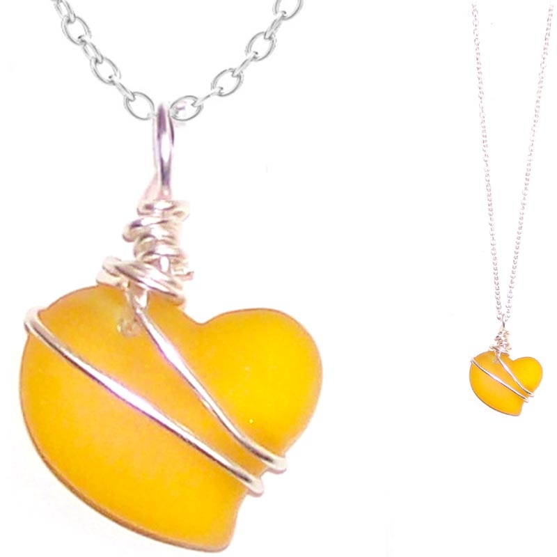 Artisan art cultured SEA GLASS HEART necklace silver non-tarnish 18mm wire-wrapped pendant & silver-plated chain | U PICK