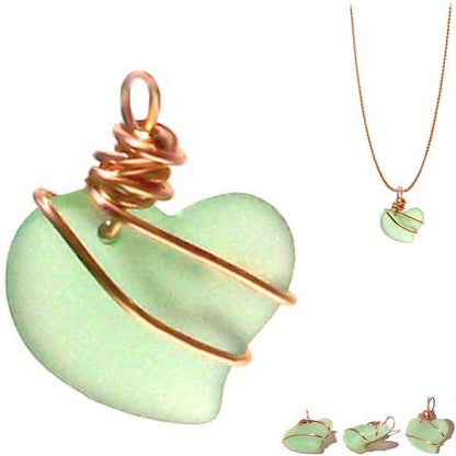 Artisan cultured SEA GLASS HEART necklace Copper non-tarnish 18mm wire-wrapped pendant & plated chain | U PICK