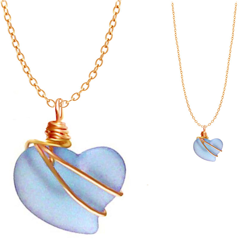 Artisan cultured SEA GLASS HEART necklace Gold non-tarnish 18mm wire-wrapped pendant & plated chain | U PICK