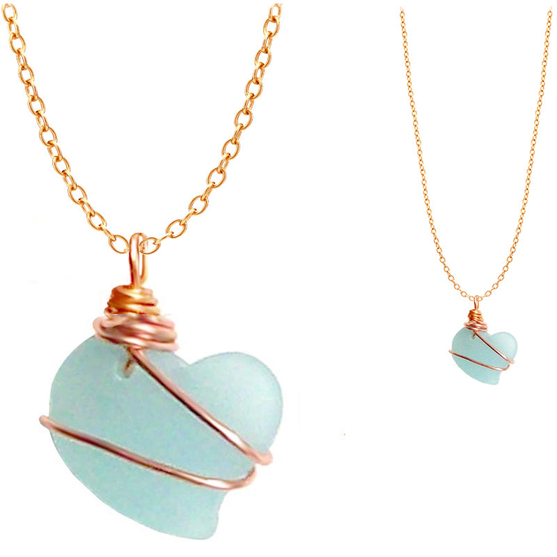 Artisan cultured SEA GLASS HEART necklace Gold non-tarnish 18mm wire-wrapped pendant & plated chain | U PICK