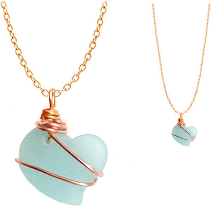 Artisan cultured SEA GLASS HEART necklace Gold non-tarnish 18mm wire-wrapped pendant & plated chain | U PICK