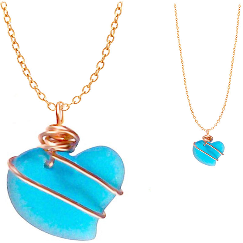 Artisan cultured SEA GLASS HEART necklace Copper non-tarnish 18mm wire-wrapped pendant & plated chain | U PICK