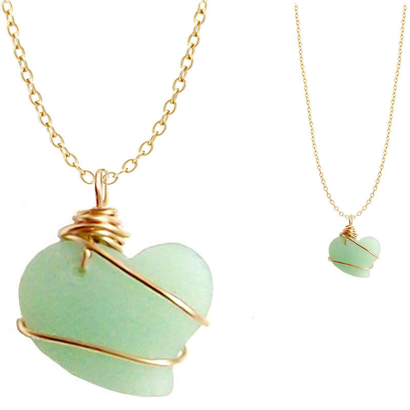Artisan cultured SEA GLASS HEART necklace Gold non-tarnish 18mm wire-wrapped pendant & plated chain | U PICK