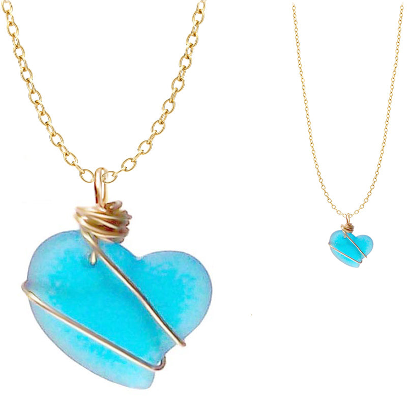 Artisan cultured SEA GLASS HEART necklace Copper non-tarnish 18mm wire-wrapped pendant & plated chain | U PICK