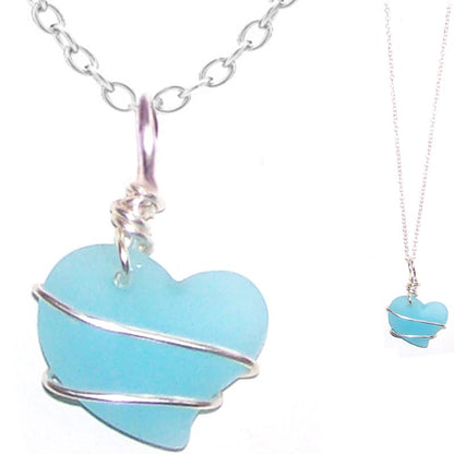 Artisan art cultured SEA GLASS HEART necklace silver non-tarnish 18mm wire-wrapped pendant & silver-plated chain | U PICK