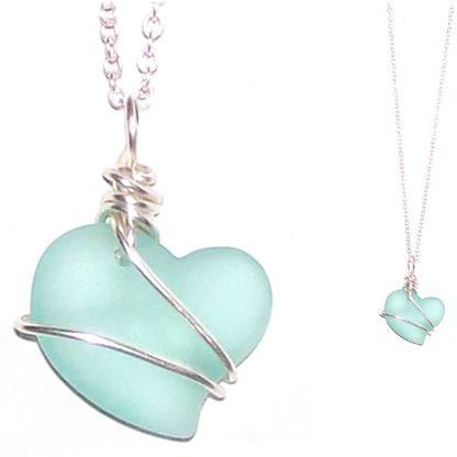 Artisan cultured SEA GLASS HEART necklace Sterling Silver 18mm wire-wrapped pendant & .925 chain | U PICK