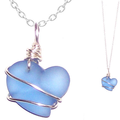 Artisan art cultured SEA GLASS HEART necklace silver non-tarnish 18mm wire-wrapped pendant & silver-plated chain | U PICK
