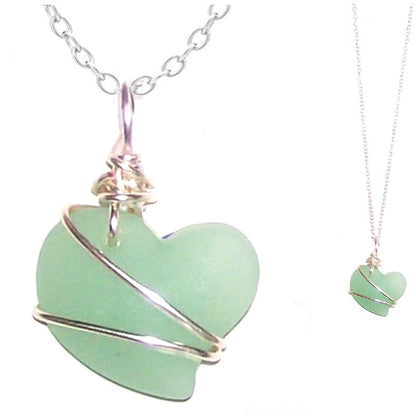 Artisan art cultured SEA GLASS HEART necklace silver non-tarnish 18mm wire-wrapped pendant & silver-plated chain | U PICK