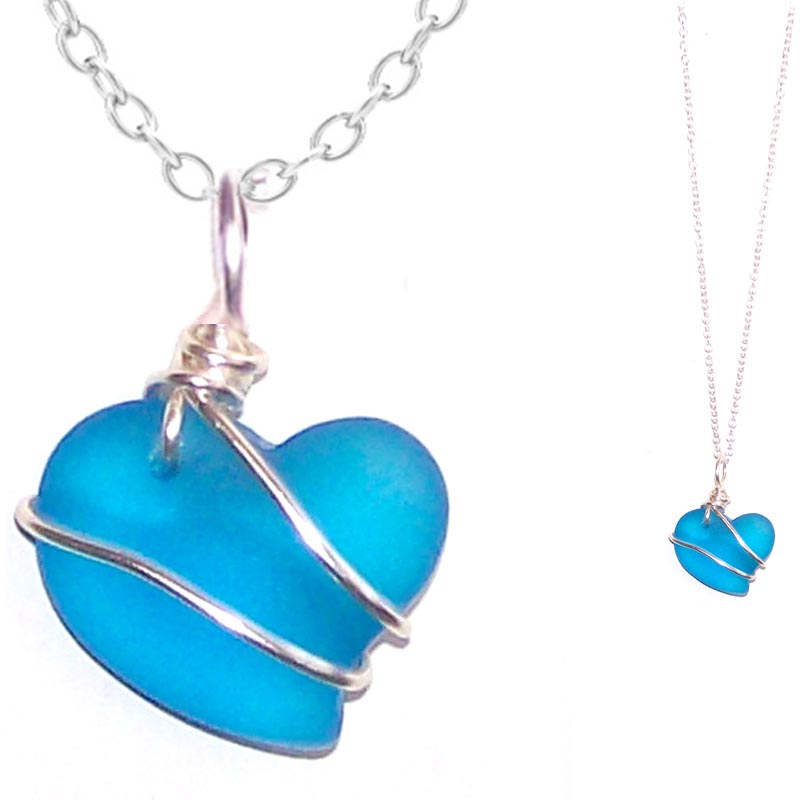Artisan art cultured SEA GLASS HEART necklace silver non-tarnish 18mm wire-wrapped pendant & silver-plated chain | U PICK