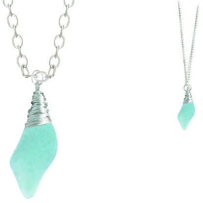 Artisan silver necklace cultured SEA GLASS non-tarnish hand wire-wrapped pendant chain | BLUE GREEN